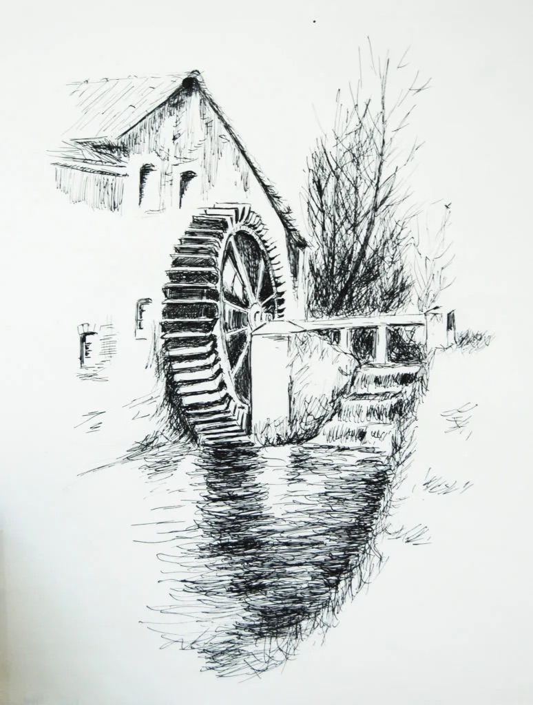 Dessin à l'encre d'un moulin à eau, réalisé par un élève des Ateliers de Léna