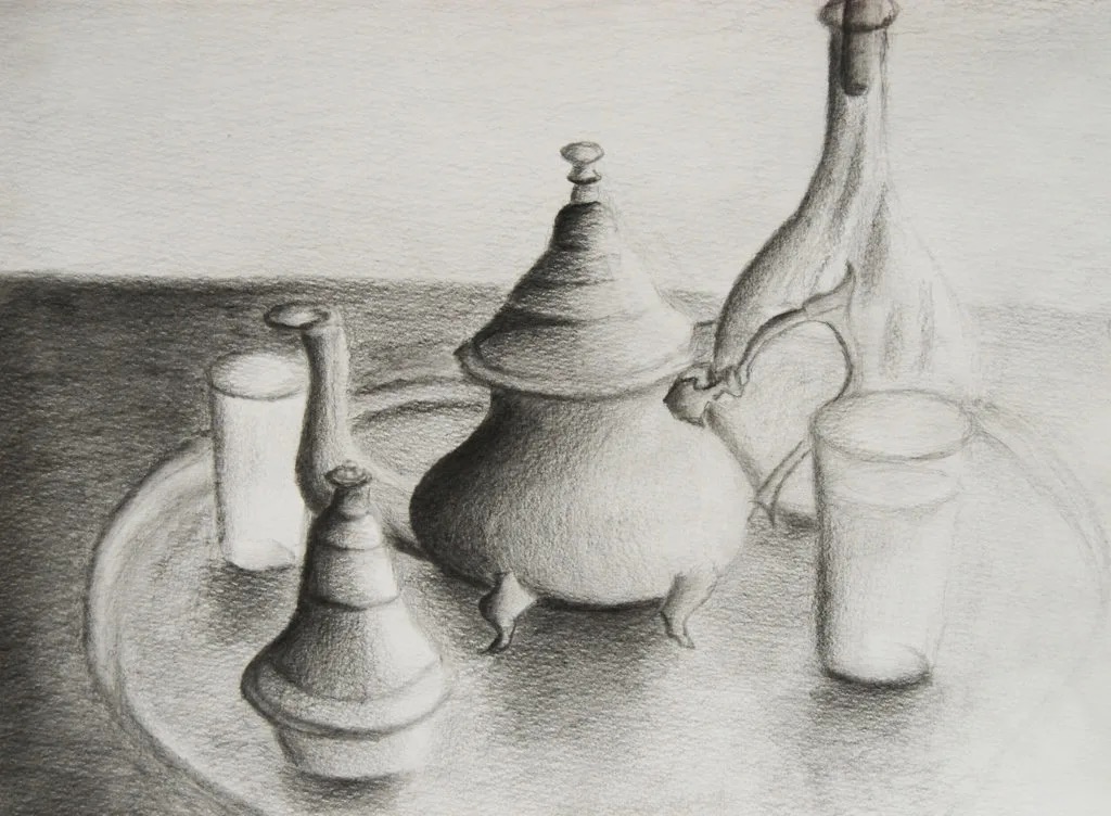 Nature morte au crayon réalisée en cours de dessin
