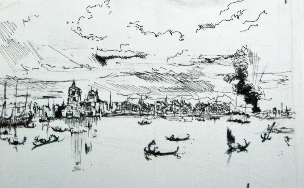 Croquis à l'encre d'un paysage vénitien, réalisé par un élève des Ateliers de Léna