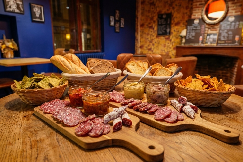 Planche Grignotage dressée au Braz : saucissons tranchés, tartinables en bocaux, corbeilles de pains et chips de lentilles